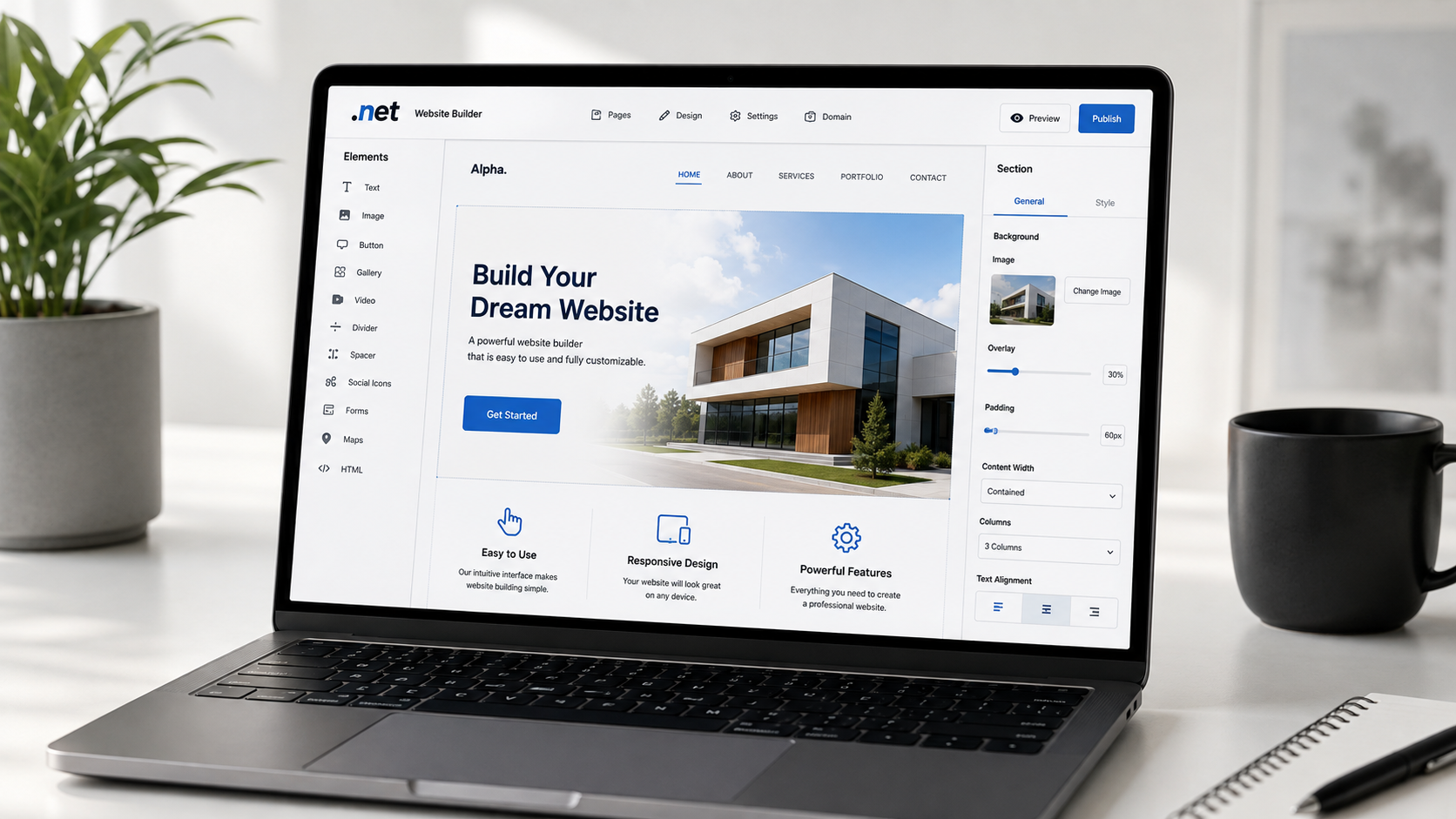Microsoft .NET website builder interface displayed on a laptop, showcasing drag-and-drop website design tools for creating modern, responsive websites.