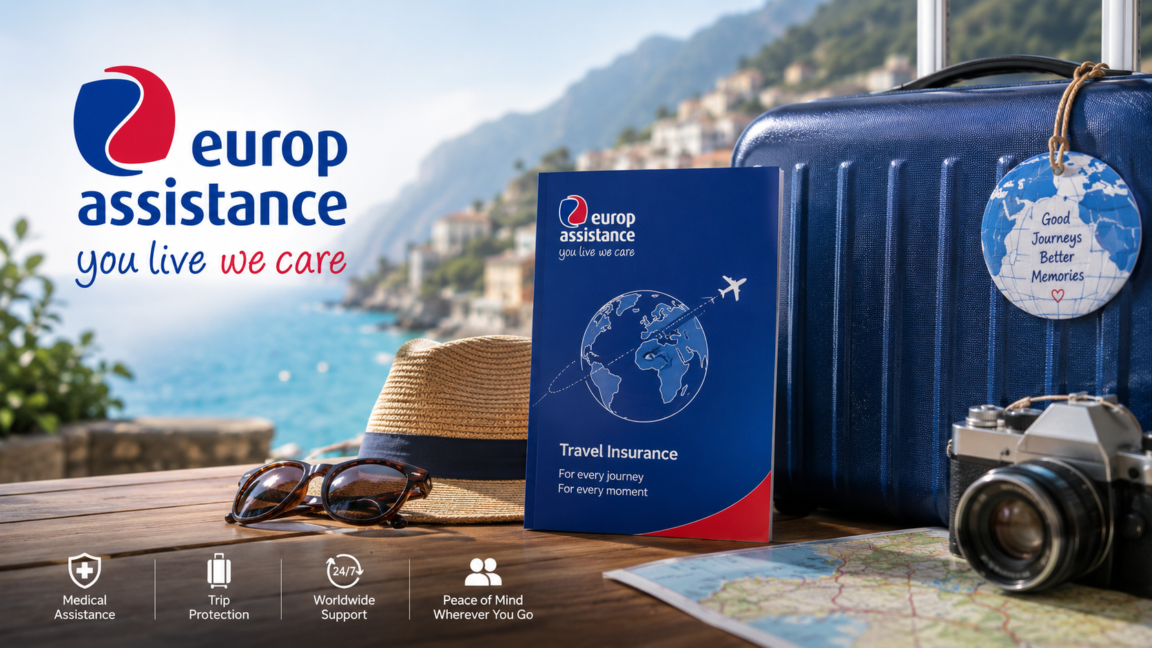 Europ Assistance travel insurance promotional image featuring a suitcase, passport, travel map, camera, and beach destination, highlighting worldwide travel protection, emergency medical assistance, and trip coverage for international travelers.