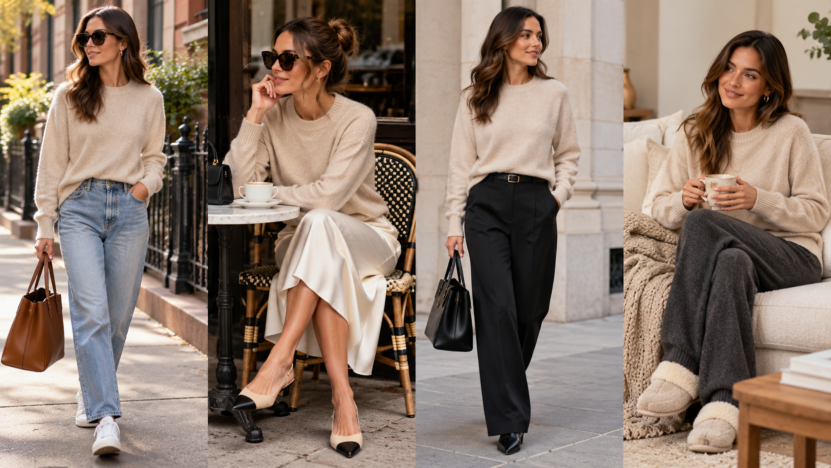 Woman wearing the Maria Cashmere Sweater styled with elegant casual clothing for a comfortable, sophisticated everyday outfit.