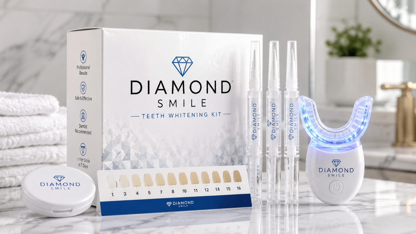 Diamond Smile Teeth Whitening Kit with LED whitening light, whitening gel pens, shade guide, and storage case displayed on a modern marble bathroom countertop.