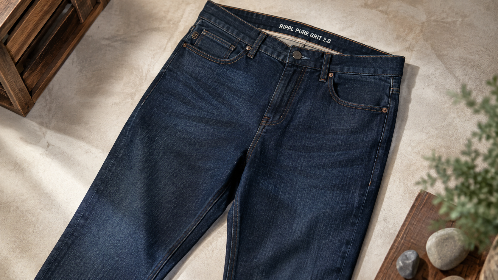 Rippl Pure Grit 2.0 Jeans in dark indigo denim laid flat on a neutral surface, showcasing classic five-pocket styling, contrast stitching, and rugged premium craftsmanship for men's casual wear.