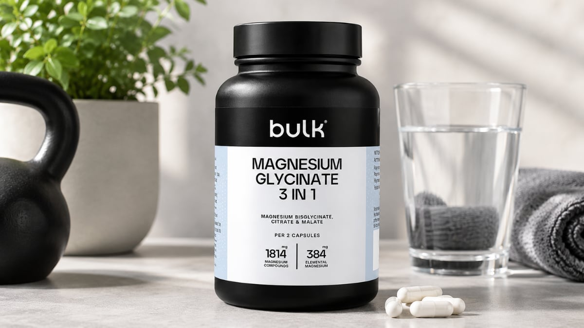Bulk Magnesium Glycinate 3 in 1 supplement capsules bottle for muscle recovery, sleep support, and daily magnesium wellness