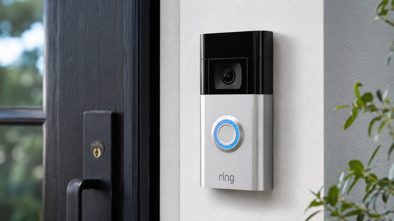Ring Battery Video Doorbell Pro installed beside a modern front door, featuring a 1536p HD camera, two-way talk, motion detection, and battery-powered smart home security.