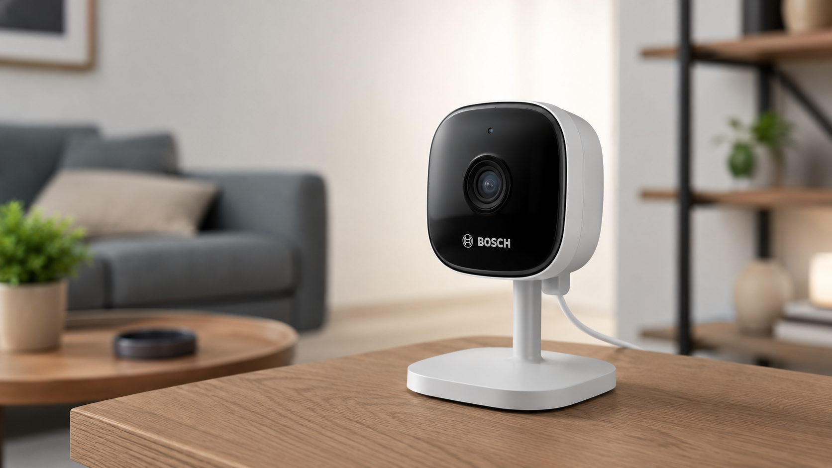 Bosch Smart Home Indoor Security Camera on a wooden table in a modern living room with a blurred background, showcasing its sleek white design and HD surveillance capabilities.