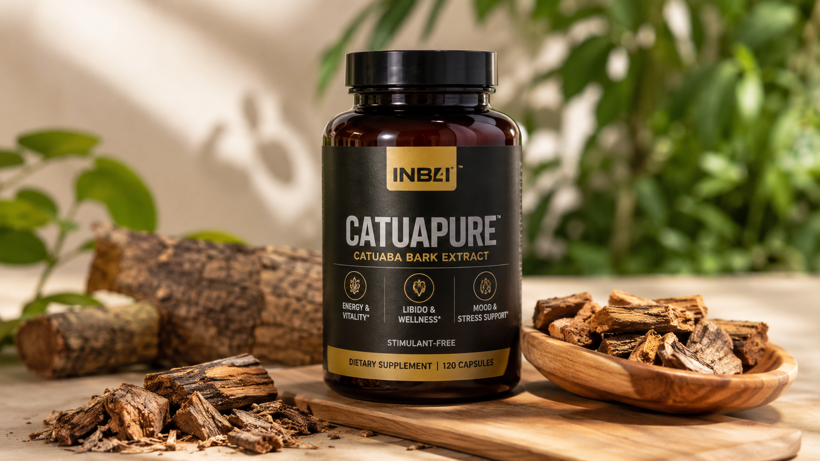 INB4 CatuaPure stimulant-free energy supplement bottle with catuaba bark extract displayed on a wooden surface with natural bark and botanical elements, highlighting a caffeine-free formula for energy, mood, and vitality support.