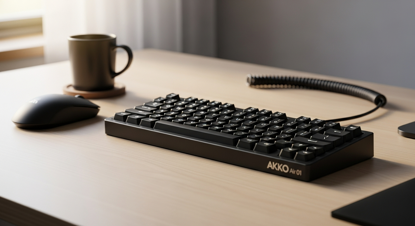 Akko Air 01 low-profile mechanical keyboard with metal body and tri-mode connectivity displayed on desk