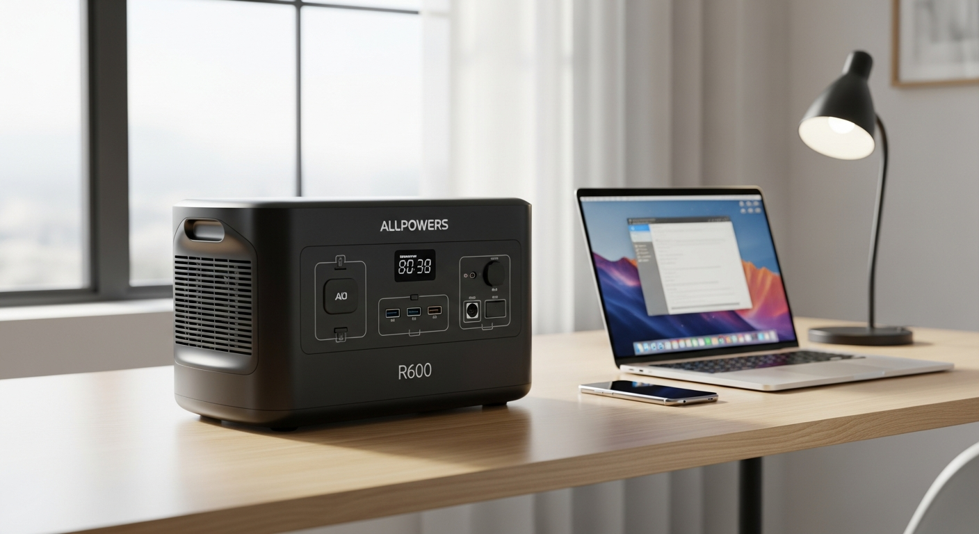 ALLPOWERS R600 portable power station with solar panel charging setup outdoors