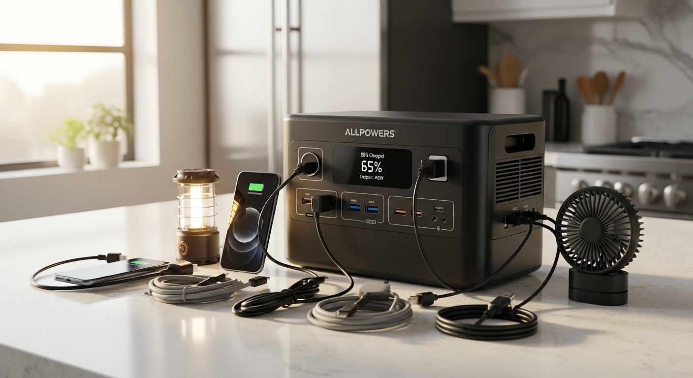 ALLPOWERS R600 portable power station with multiple charging ports and display screen