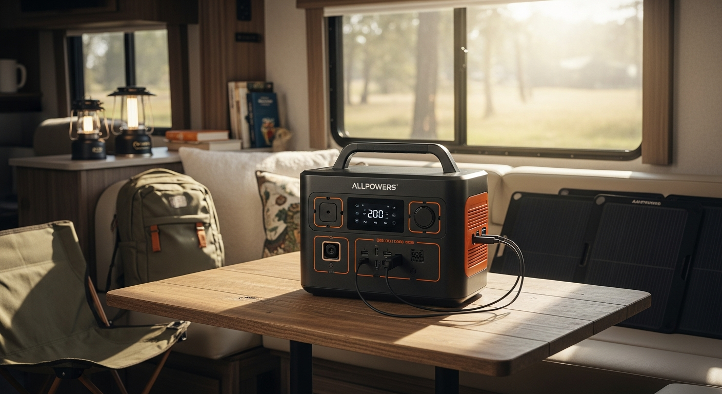 ALLPOWERS S2000 Pro portable power station with solar panels and RV hookup cables displayed outdoors
