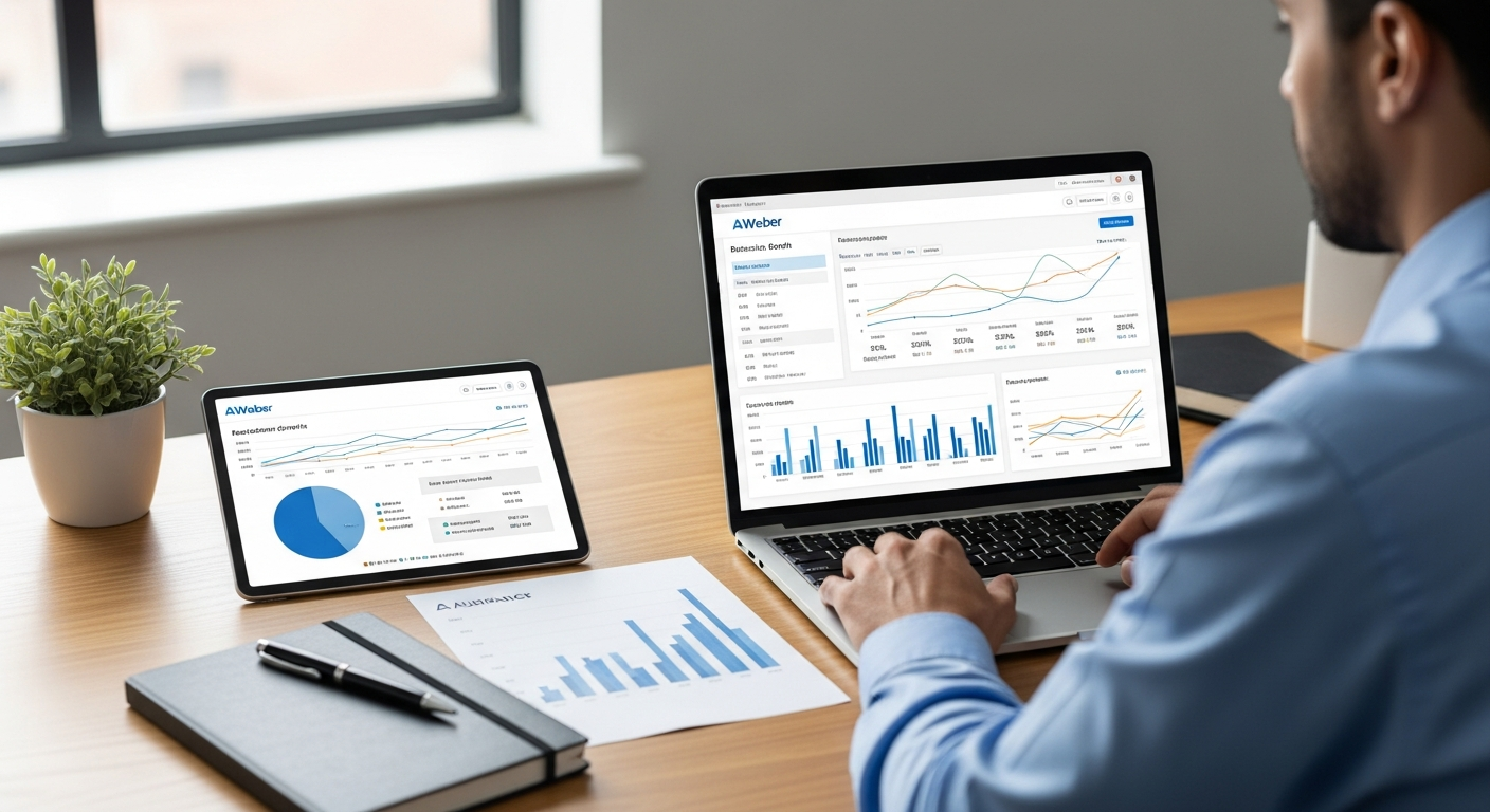 AWeber email marketing platform dashboard showing automation workflow builder interface