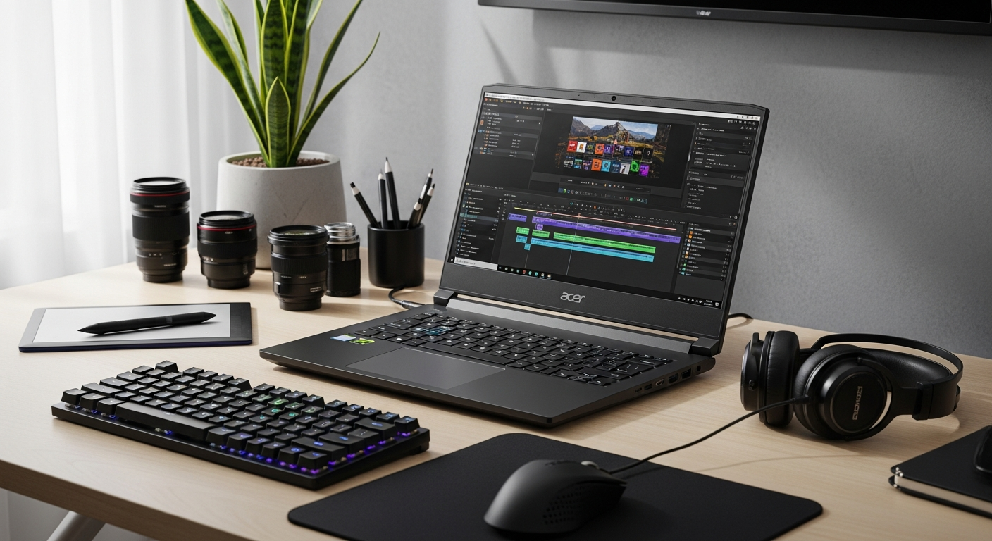 Acer Nitro V 15 gaming laptop displaying video editing timeline on screen
