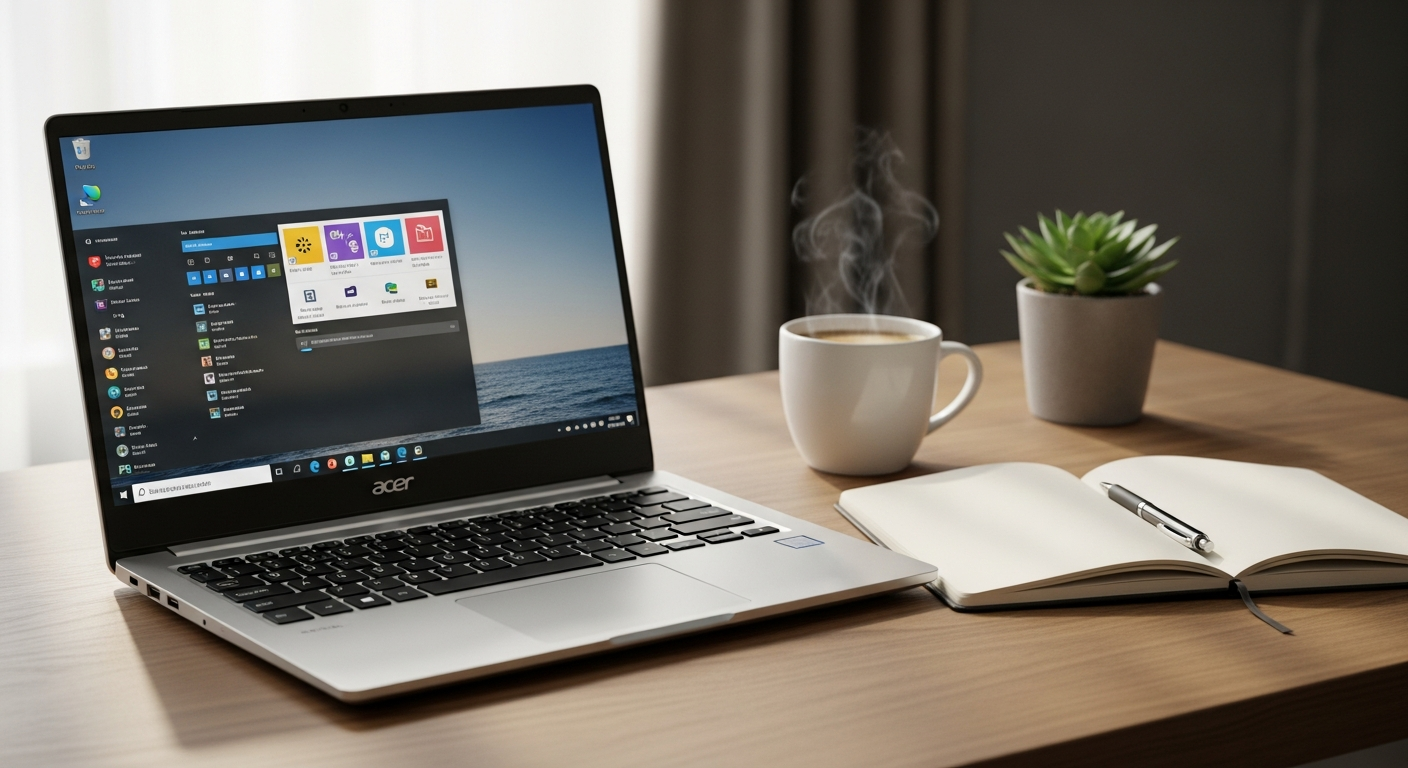 Acer Aspire ES 15 laptop displaying Windows 10 home screen on HD display
