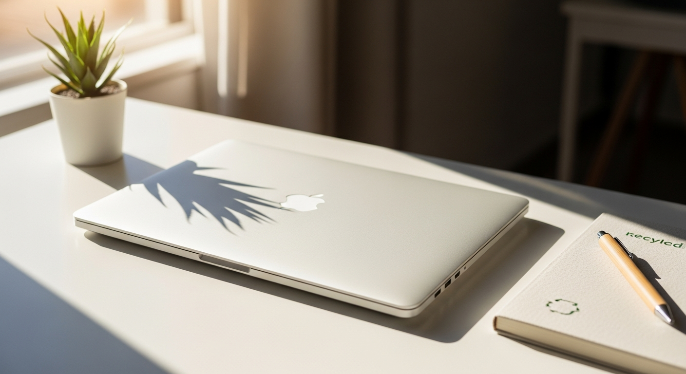 Refurbished business laptop displaying performance metrics and sustainability impact data