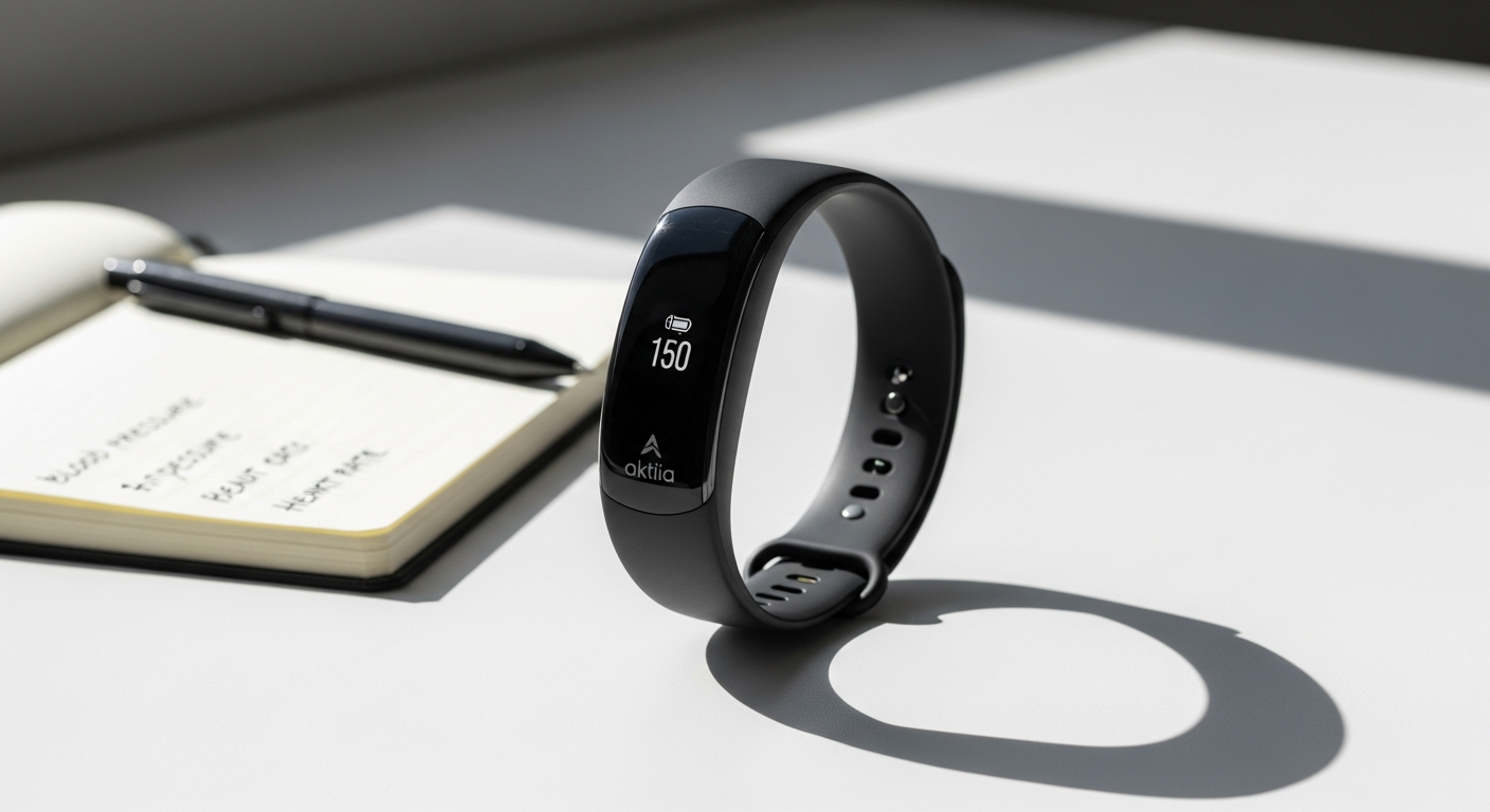Aktiia Hilo Band wearable cuffless blood pressure monitor on wrist displaying continuous health tracking