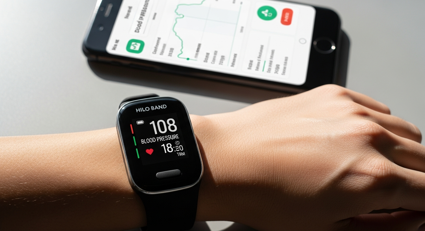 Hilo Band continuous blood pressure monitor wearable bracelet on wrist