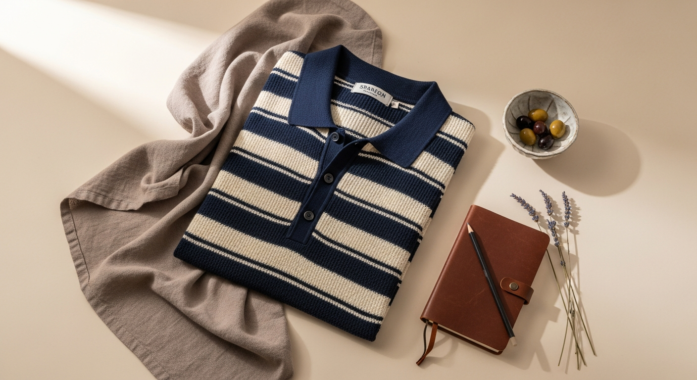 Albert Brandon striped knit polo shirt in navy and white stripes