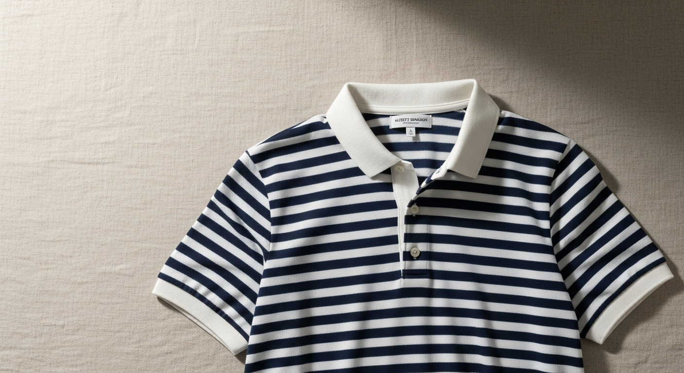 Albert Brandon navy and white striped tricot polo shirt on model