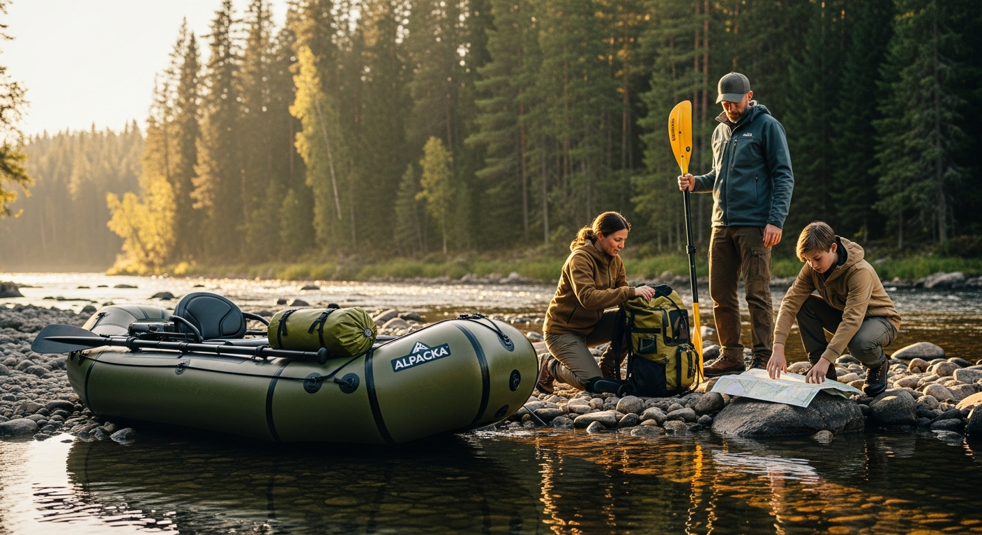 Alpacka Forager Family Adventure Packraft on calm water with paddlers and cargo