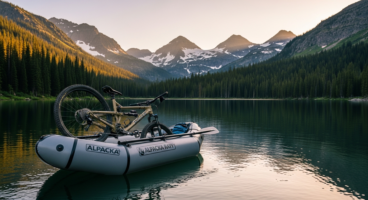 Alpacka Raft Caribou ultralight packraft loaded with bike gear on alpine lake