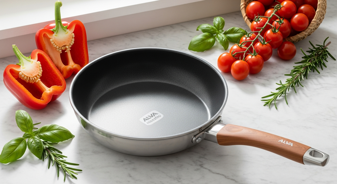 Alva Maestro Ceramic Nonstick Frying Pan with food cooking on stovetop