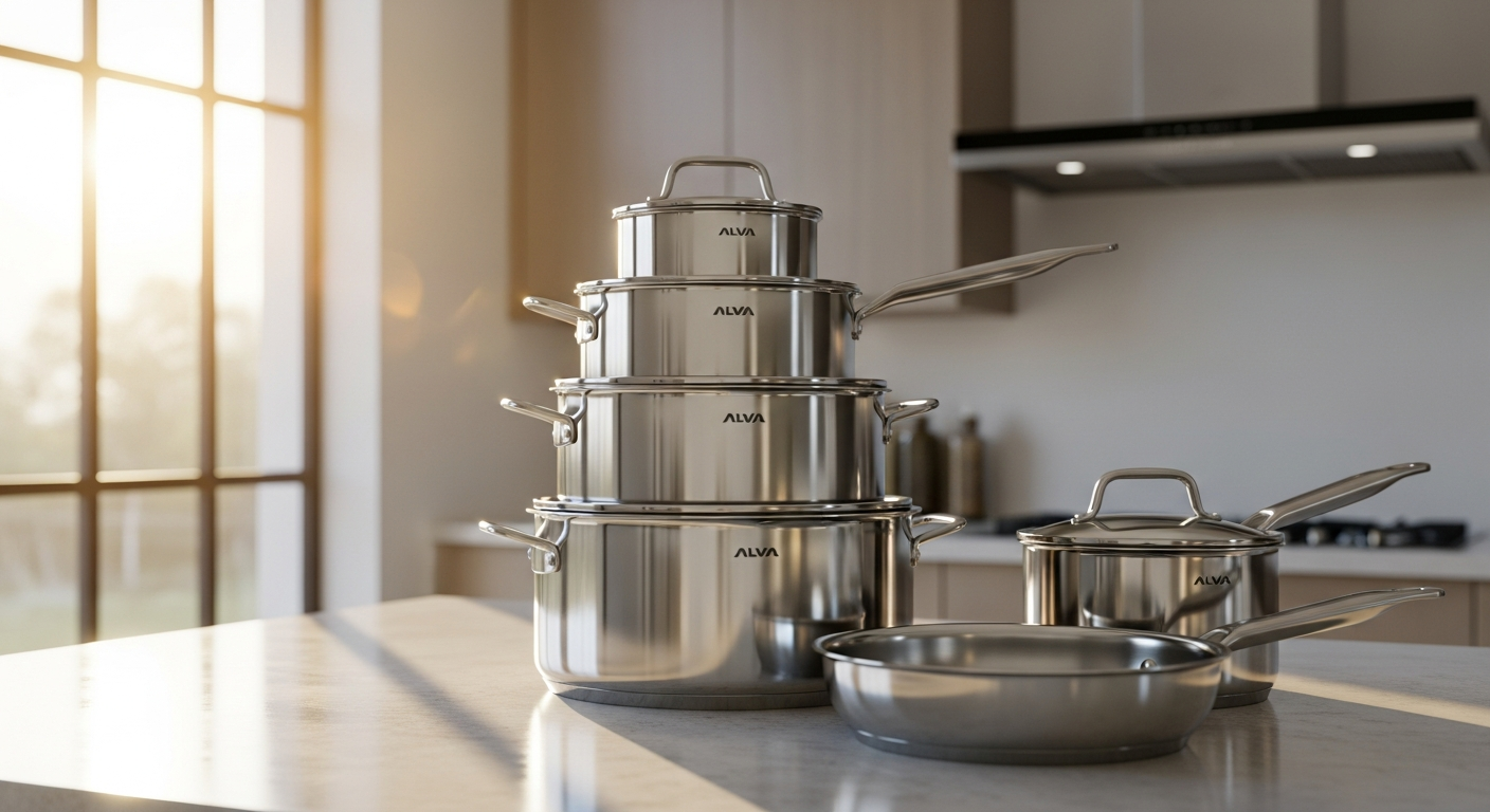 Alva Maestro ceramic nonstick stackable cookware set displayed in organized kitchen cabinet
