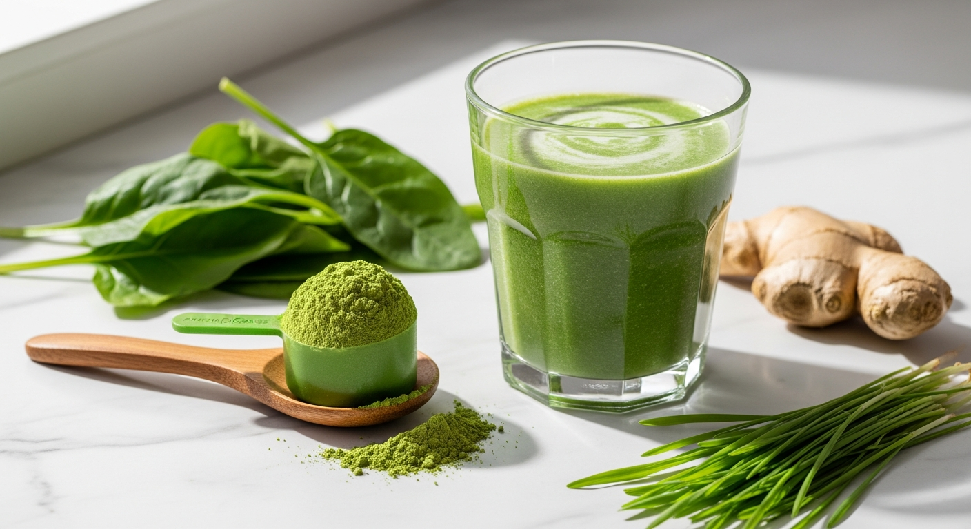 Amazing Grass Green Superfood Powder scoop with organic greens and probiotics blend