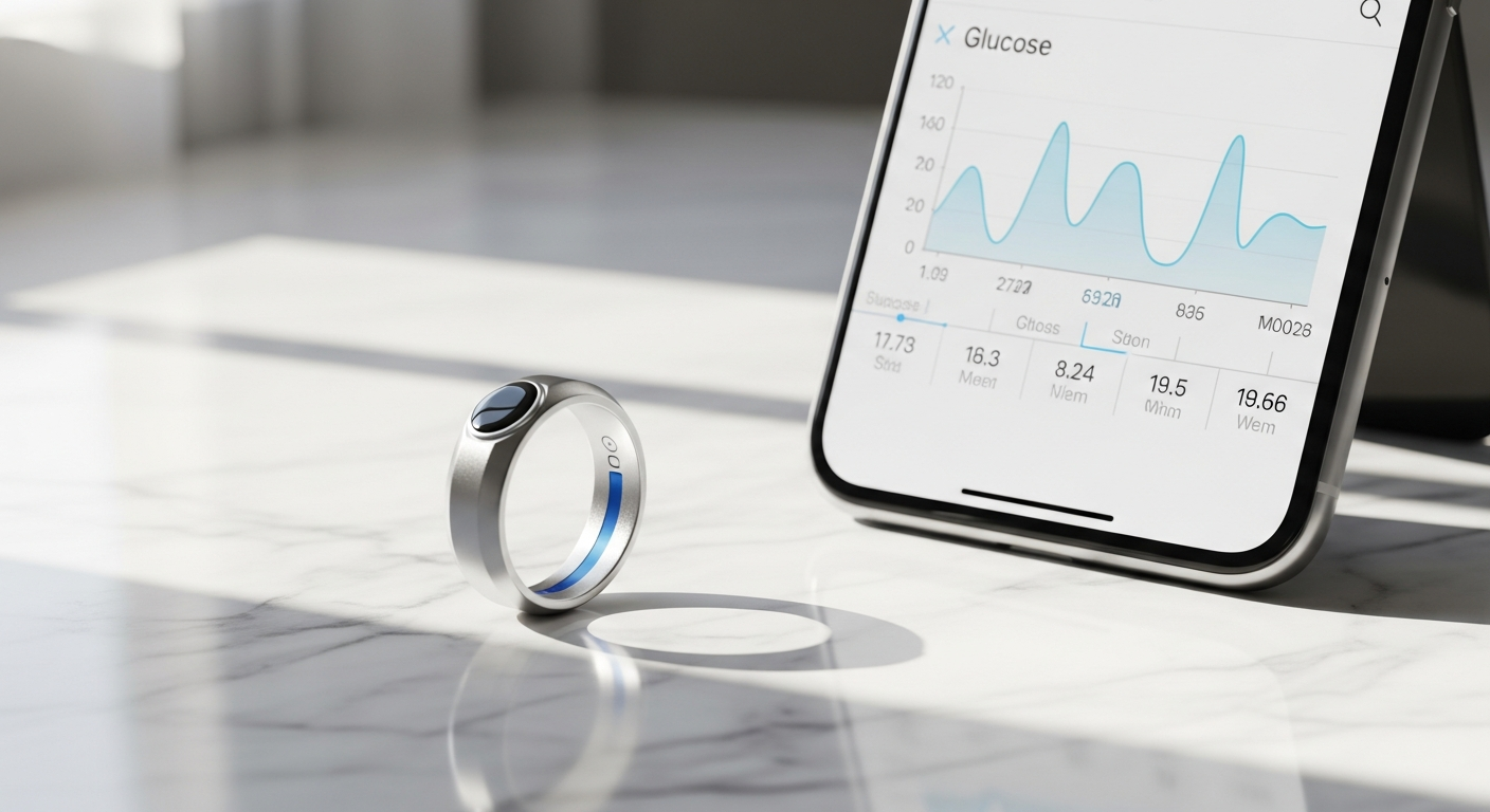 Ambrosia Systems RIZZ Smart Ring displaying glucose trend monitoring on user's finger