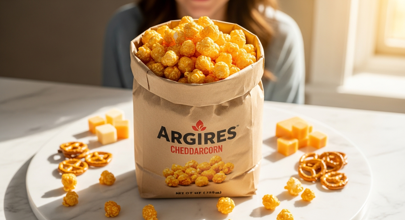 Bag of Argires Outrageously Cheezy Cheddarcorn Popcorn with bright orange cheese coating