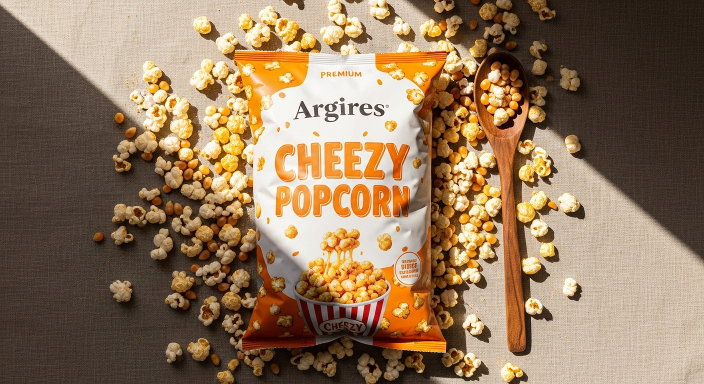 Argires Outrageously Cheezy Popcorn bag with golden cheese-coated kernels