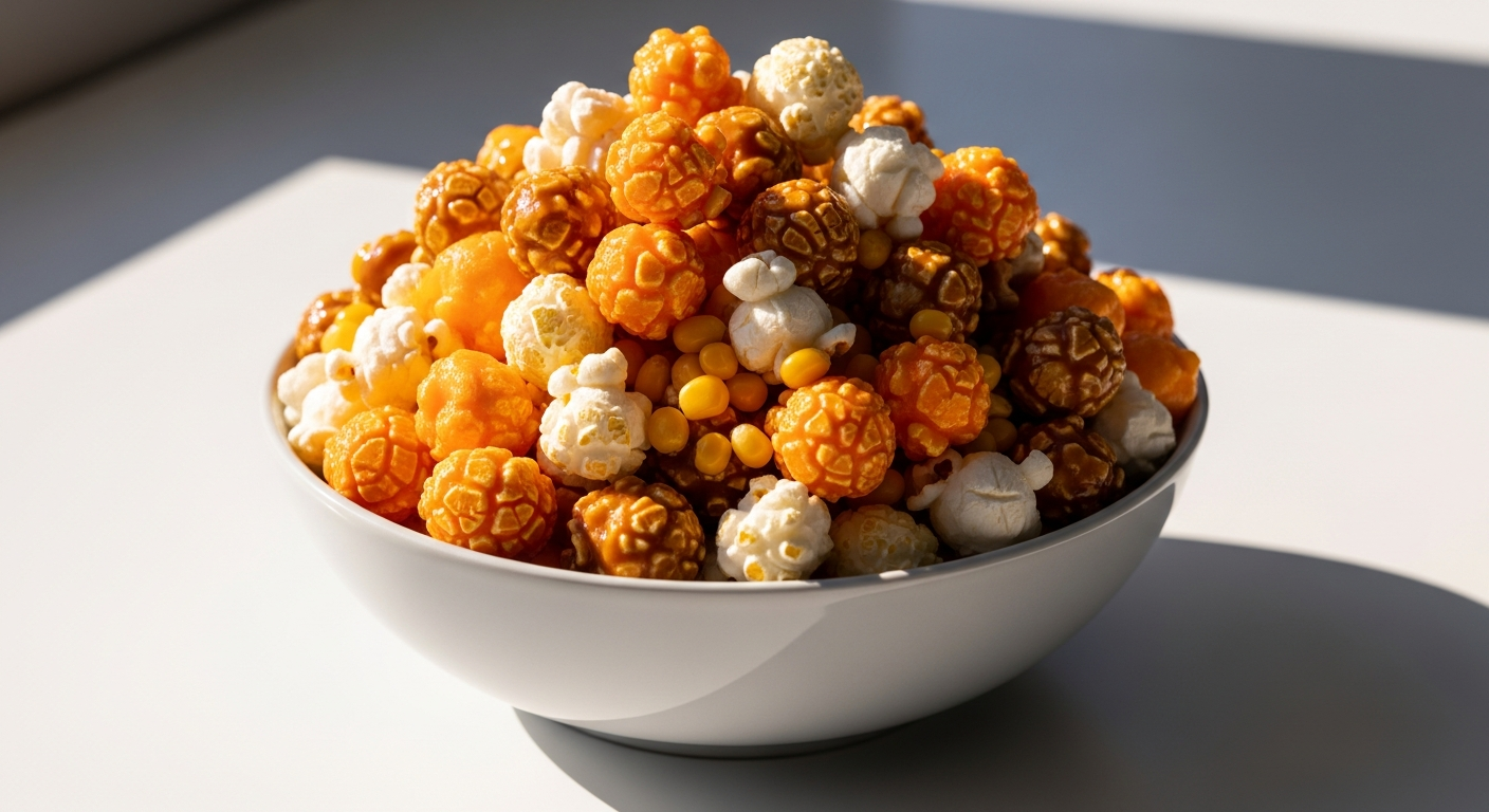 Argires Snacks Cheddarcorn and Caramel Popcorn Mix in a white bowl