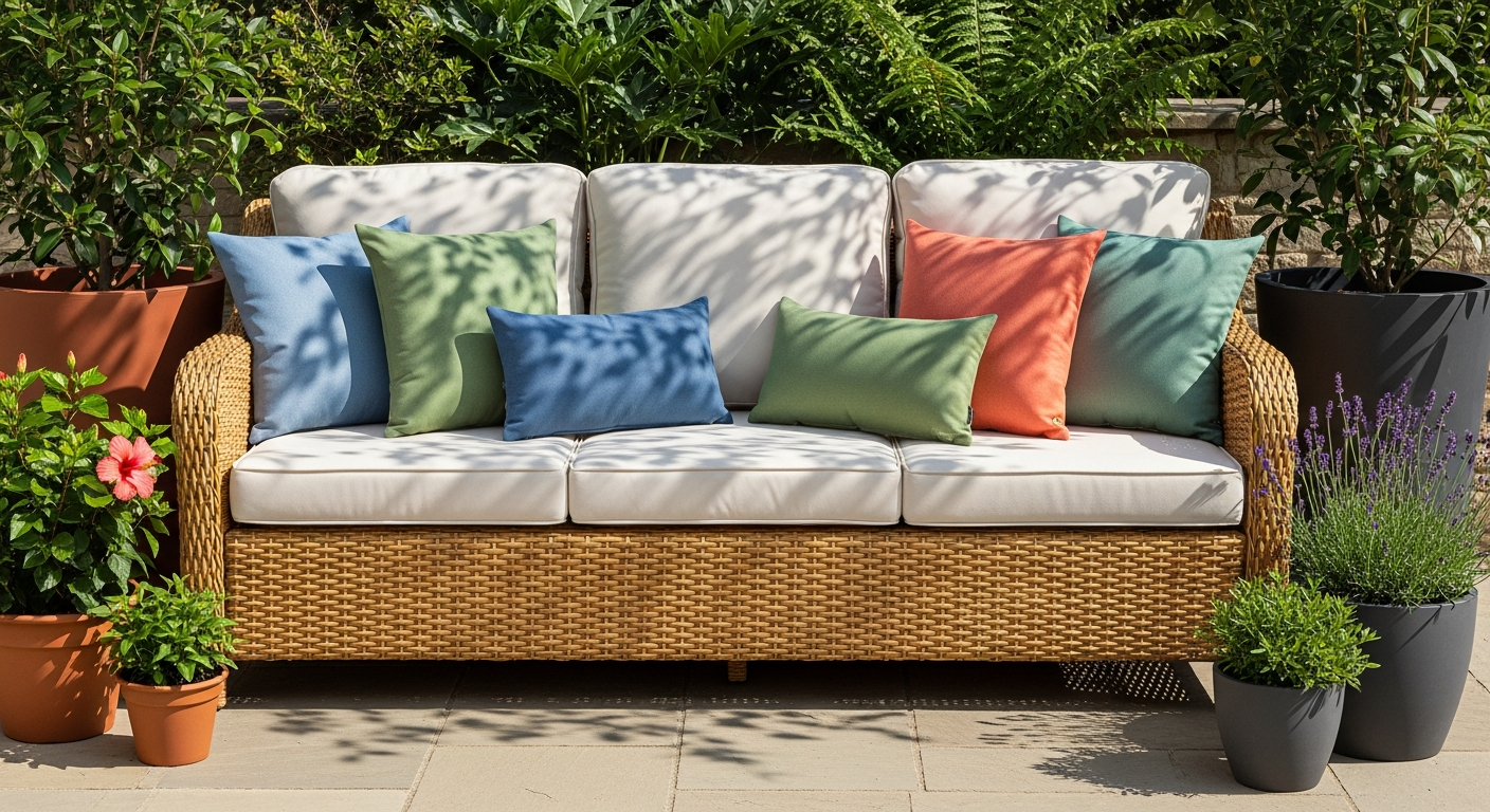 Outsunny 3-seater wicker patio sofa with beige cushions on a residential patio