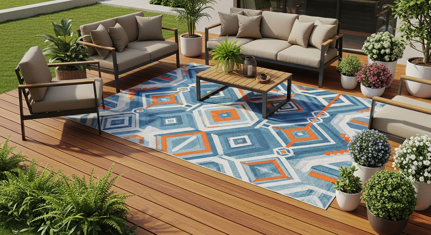 Outsunny reversible waterproof outdoor rug in blue and white on a spacious patio