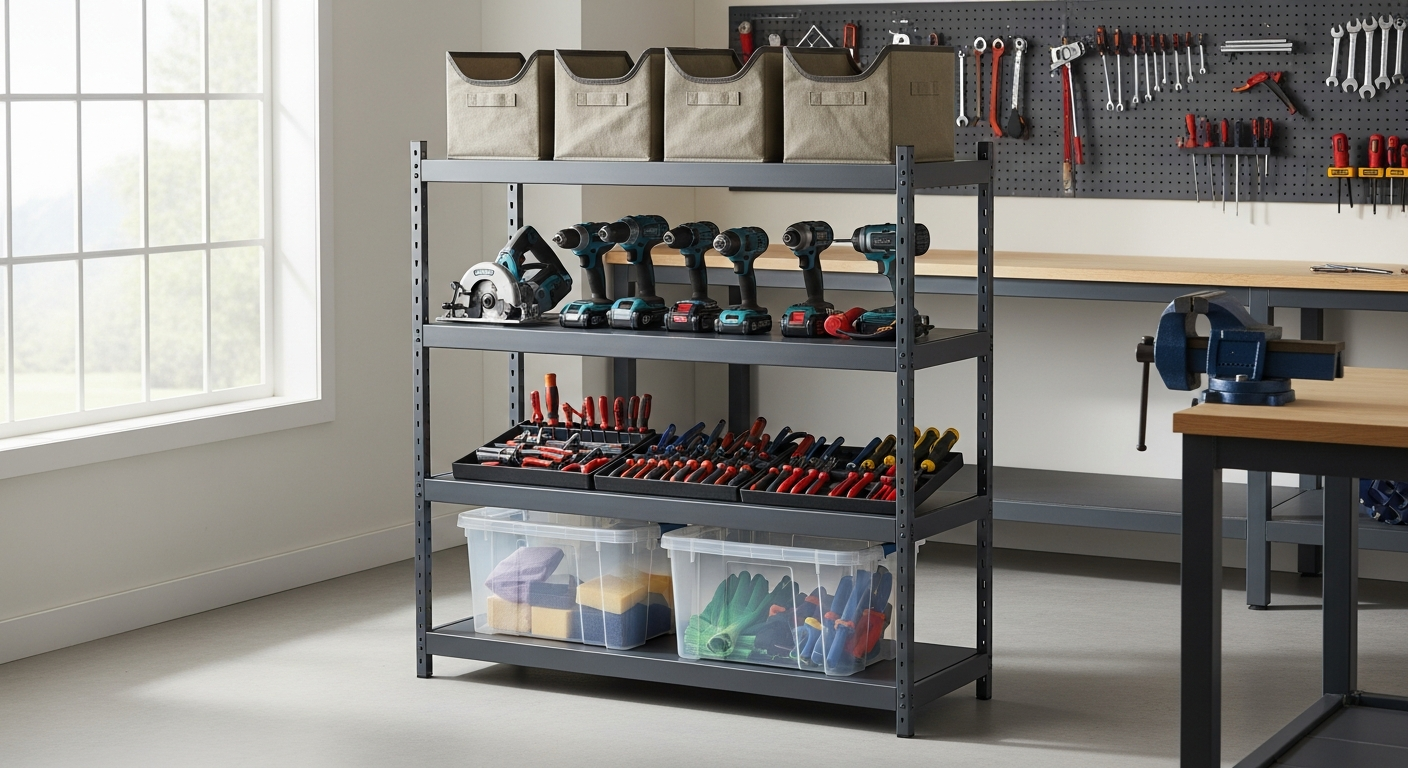 Armadillo Tough Collapsible 4-Tier Storage Shelf in garage with organized tools and supplies
