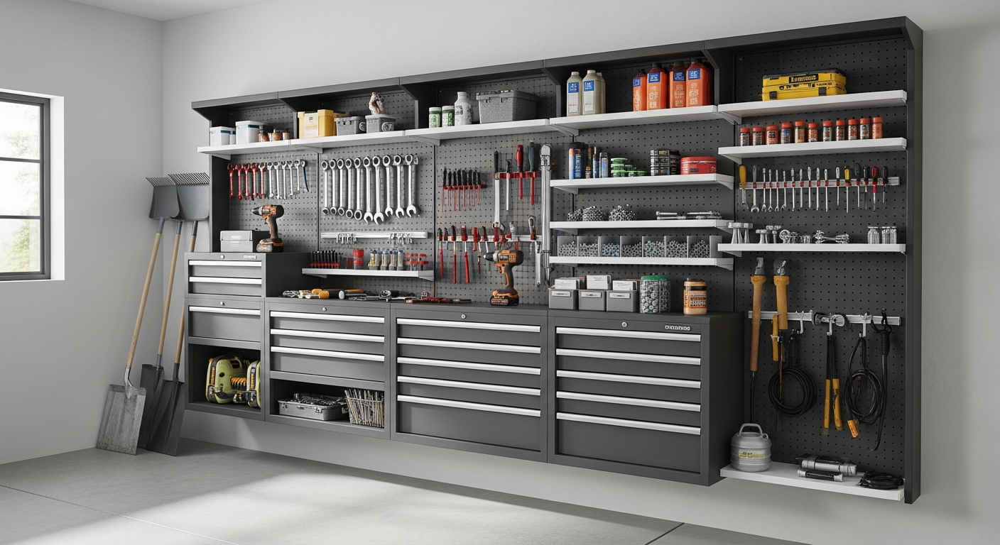 Professional black steel garage storage system with cabinets and workbench