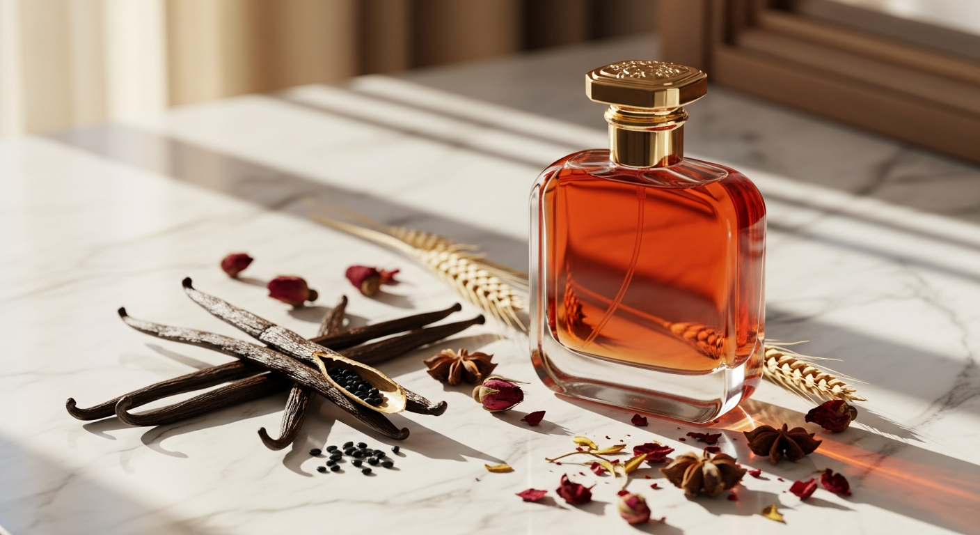 Elegant perfume bottle with warm amber liquid and sophisticated fragrance packaging design