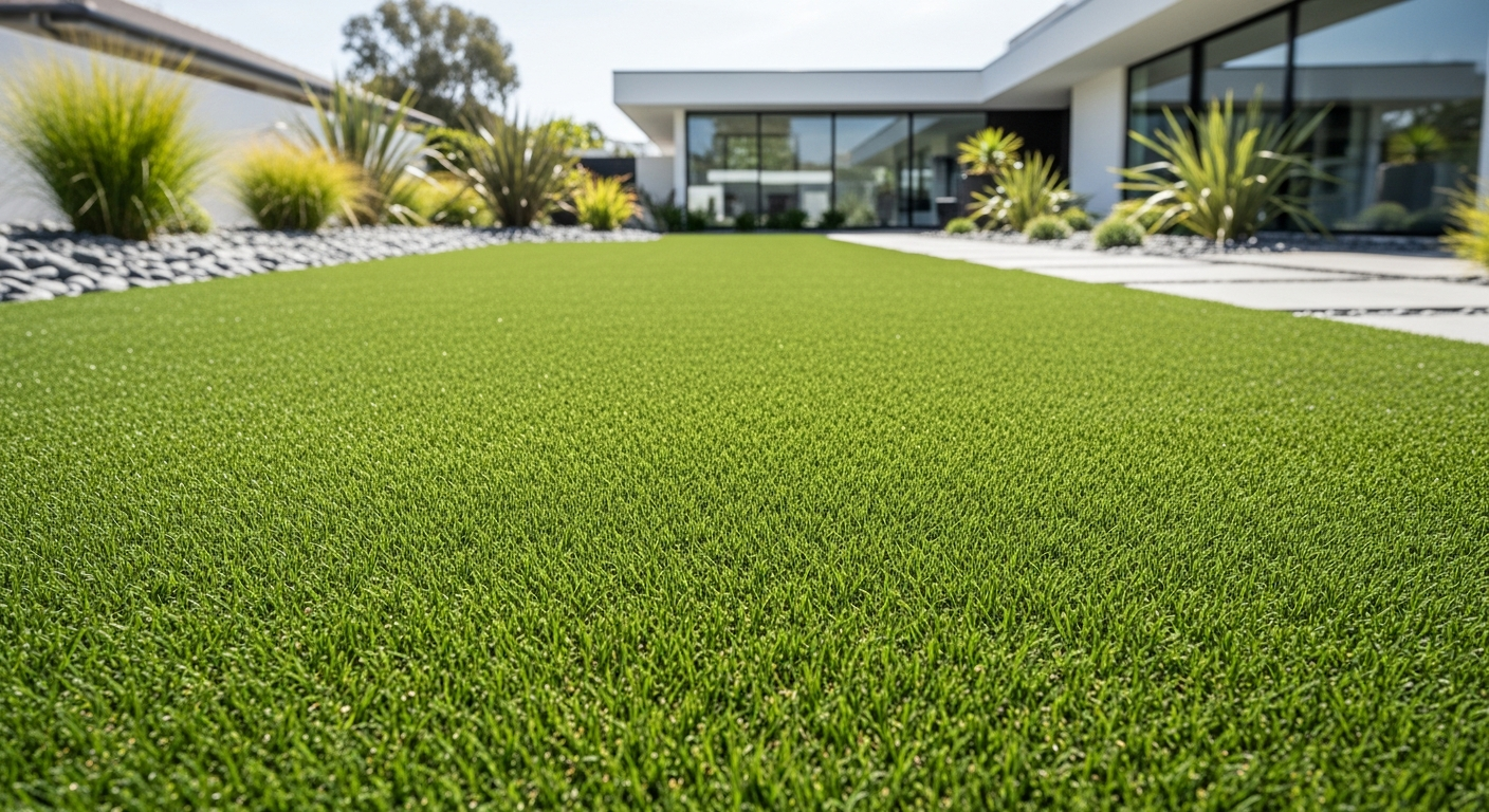 Luxury 40mm artificial grass showing realistic multi-tonal green fibers and dense pile texture