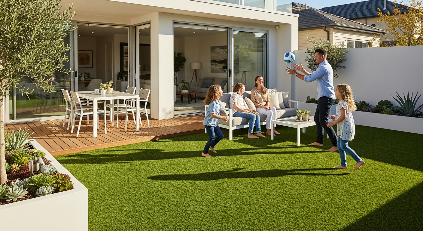 Lush green Oasis 20mm artificial grass in a family garden setting