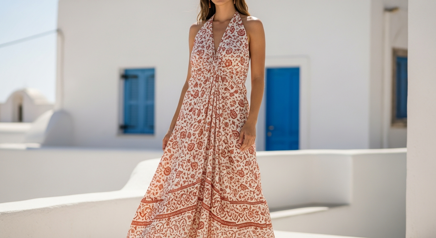 Mykonos Organic Cotton Maxi Beach Dress in bold floral print on model