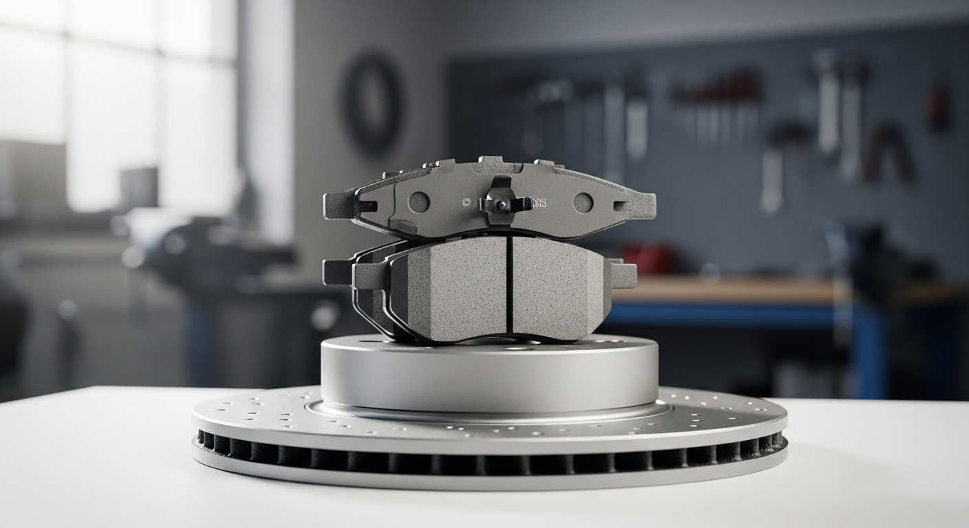 Close-up of brake pads and rotors showing different material types and specifications