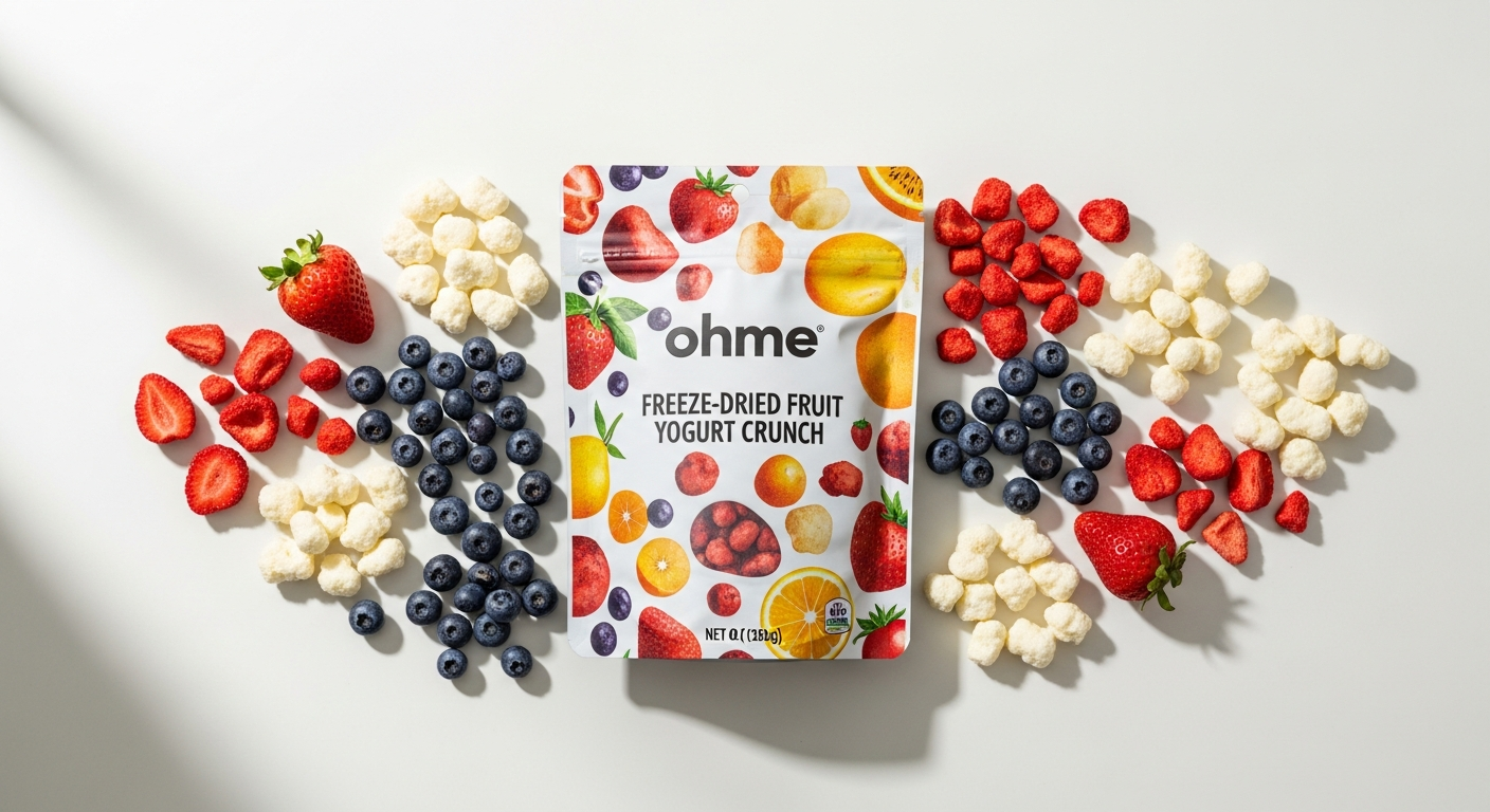 Ohme freeze-dried fruit yogurt crunch snack bag with colorful berries