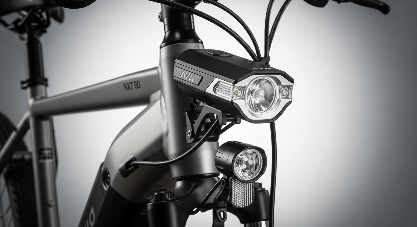 AXA Nxt 80 E-bike Headlight mounted on modern electric bicycle fork