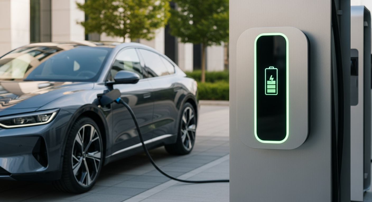 Electric vehicle charging at public station with AXA eAuto insurance protection