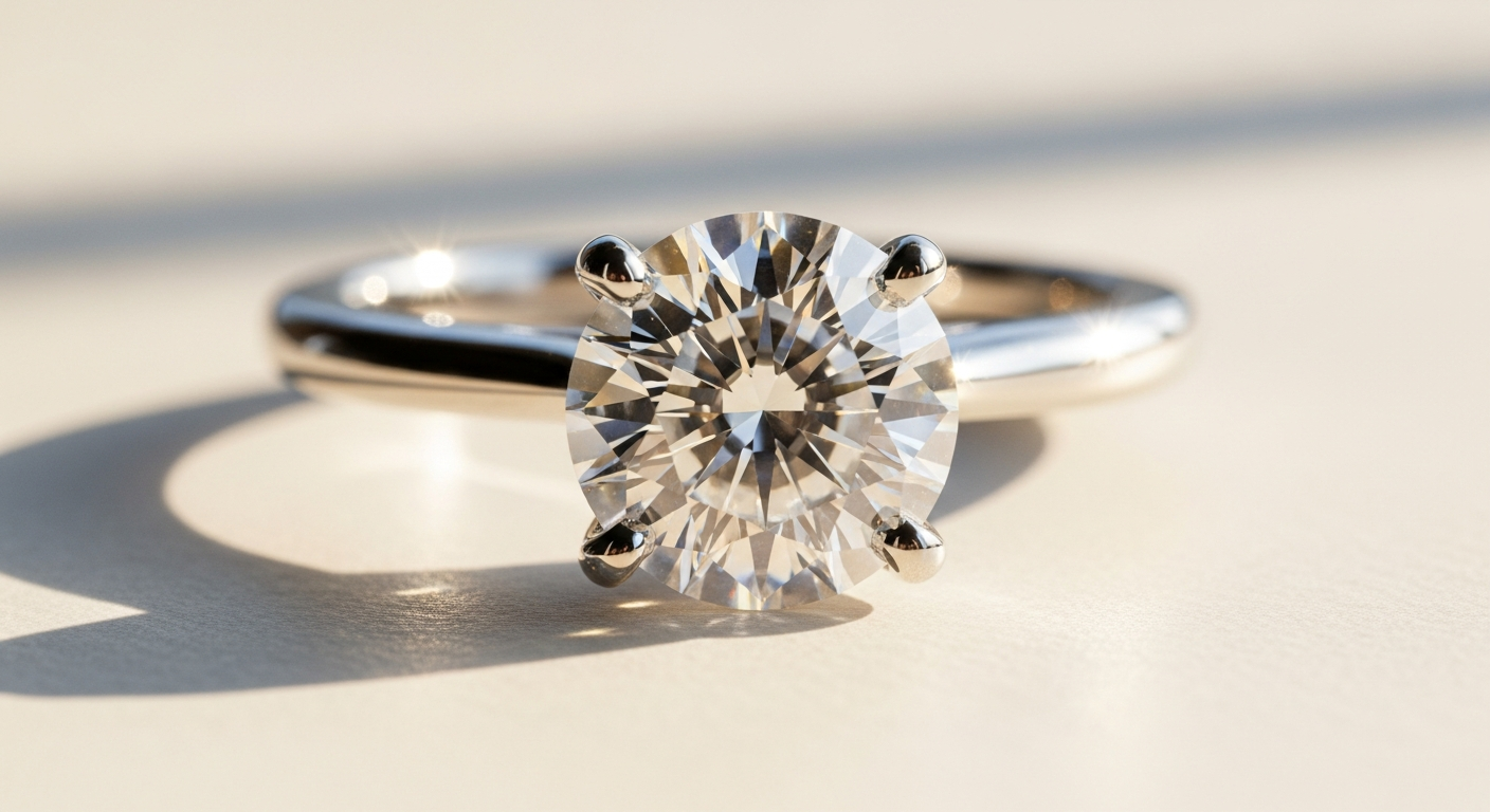 Classic solitaire round lab diamond engagement ring on white background