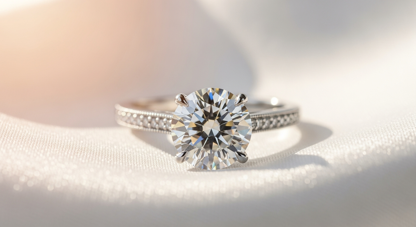 Classic solitaire round lab diamond engagement ring on white background display