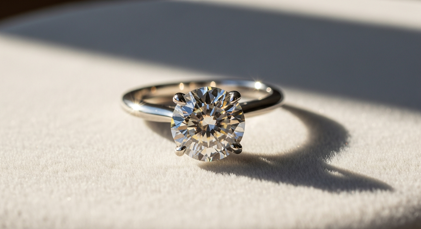 Classic solitaire round lab diamond engagement ring on white background