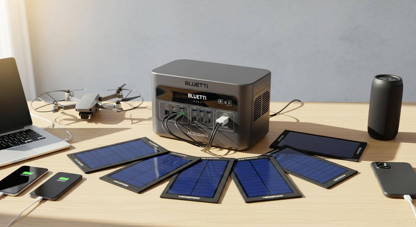 BLUETTI AC200MAX expandable power station with solar panels and RV setup