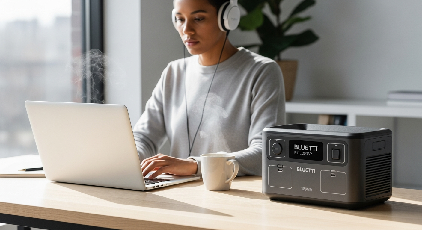 BLUETTI Elite 200 V2 portable power station with solar panels in outdoor remote work setup