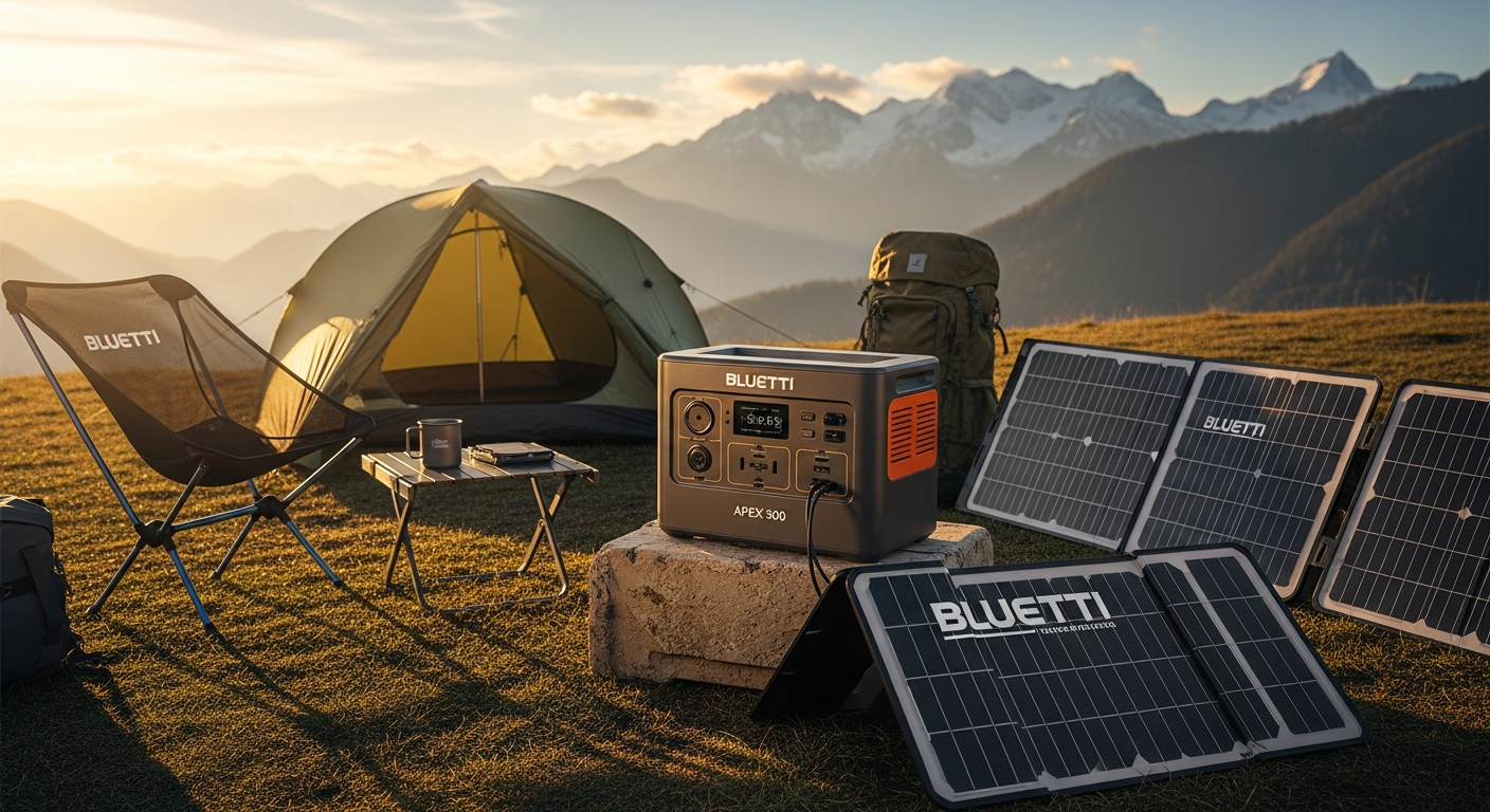 Bluetti Apex 300 power station with dual voltage inverter and expandable battery modules displayed