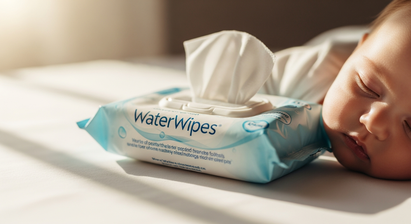 WaterWipes Sensitive Baby Wipes package displayed with purified water droplets