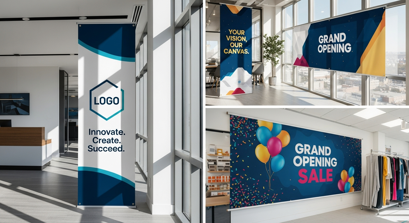 Custom vinyl business banner displayed on storefront with vibrant colors